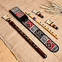 Wood duduk and flute set, 'Ancestral Tune' - Hand-Carved Leafy Duduk and Flute Set with Textile Case