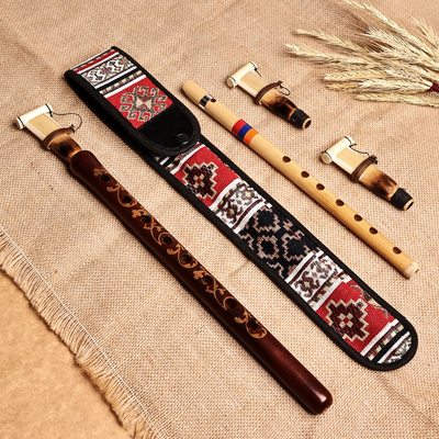 Wood duduk and flute set, 'Ancestral Tune' - Hand-Carved Leafy Duduk and Flute Set with Textile Case