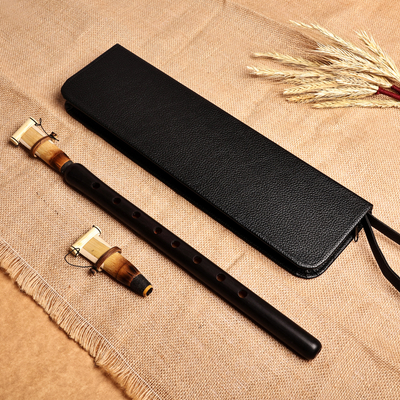 Wood duduk and leather case, 'Nocturnal Rhythm' - Black Apricot Wood Duduk and Black Leather Case from Armenia