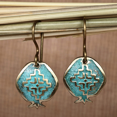 Brass dangle earrings, 'Mystic Essence' - Pomegranate-Shaped Artsakh Sign Brass Dangle Earrings