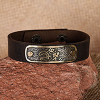 Men's leather and brass pendant bracelet, 'Wild Hunt' - Men's Leather Bracelet with Hunting Petroglyph Brass Pendant