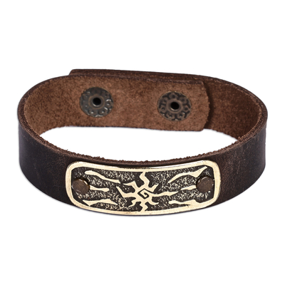 Men's leather and brass pendant bracelet, 'Solar Brilliance' - Men's Leather Bracelet with Brass Abstract Sun Pendant
