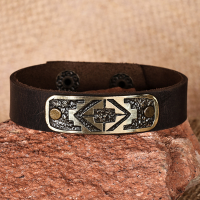 Men's leather and brass pendant bracelet, 'Heritage Tapestry' - Men's Leather Brass Artsakh Carpet-Inspired Pendant Bracelet