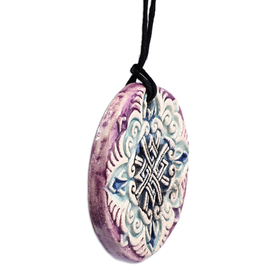 Ceramic pendant necklace, 'Twilight Elegance' - Hand-Painted Purple and Blue Floral Ceramic Pendant Necklace