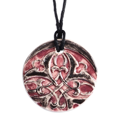 Ceramic pendant necklace, 'Classic Royal' - Hand-Painted Classic Burgundy Ceramic Pendant Necklace