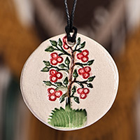 Ceramic pendant necklace, 'Evergreen Life' - Hand-Painted Classic Tree of Life Ceramic Pendant Necklace