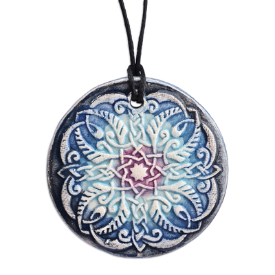 Ceramic pendant necklace, 'Armenian Mandala' - Hand-Painted Classic Blue Floral Ceramic Pendant Necklace