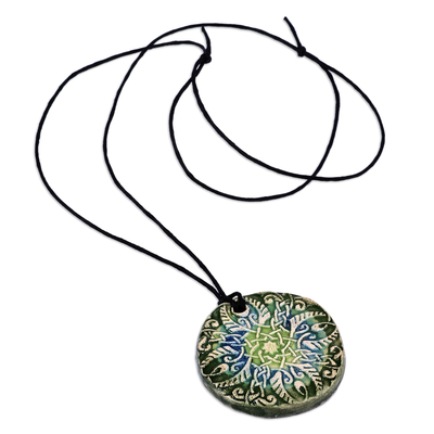 Ceramic pendant necklace, 'Twilight Harmony' - Hand-Painted Green and Blue Floral Ceramic Pendant Necklace