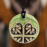 Ceramic pendant necklace, 'Vital Blossom' - Hand-Painted Classic Leafy Green Ceramic Pendant Necklace