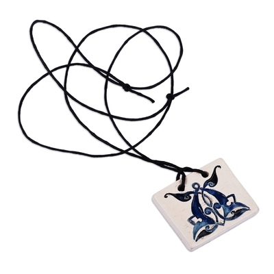Ceramic pendant necklace, 'Superb Blue' - Hand-Painted Classic Leafy Tile Ceramic Pendant Necklace