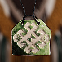 Ceramic pendant necklace, 'Harmonious Vision' - Hand-Painted Geometric Green Ceramic Pendant Necklace