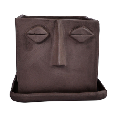 Ceramic vase, 'Square Faces' - Handcrafted Whimsical Square Ceramic Vase with Plate
