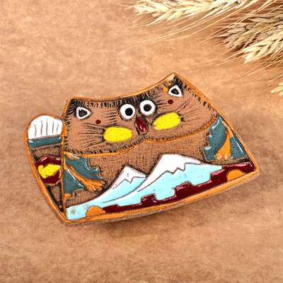 Ceramic magnet, 'Mountain Kitties' - Armenian Hand-Painted Cat and Mount Ararat Ceramic Magnet