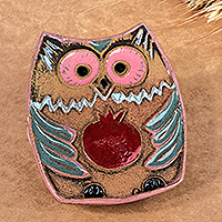 Ceramic magnet, 'Pomegranate Owl' - Armenian Hand-Painted Owl with Pomegranate Ceramic Magnet