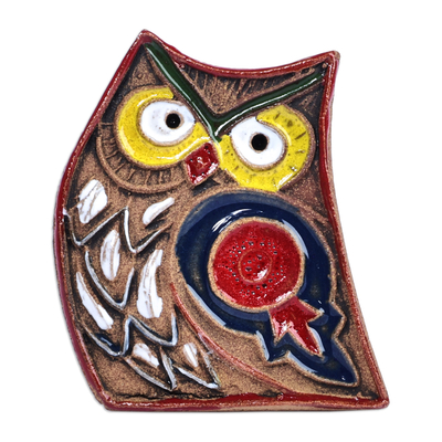 Ceramic magnet, 'Owl Wisdom' - Owl and Pomegranate Ceramic Magnet Hand-Painted in Armenia