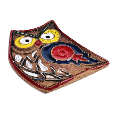 Ceramic magnet, 'Owl Wisdom' - Owl and Pomegranate Ceramic Magnet Hand-Painted in Armenia