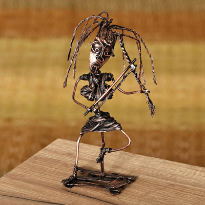 Copper sculpture, 'Hairling' - Handcrafted Surrealist Oxidized Copper Sculpture of Woman