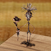 Copper sculpture, 'Take the Rose' - Surrealist Oxidized Copper Sculpture of Man and Rose