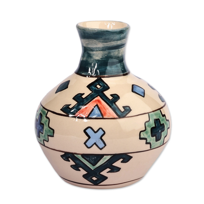 Ceramic vase, 'Majestic Artsakh' - Traditional Patterned Green and Ivory Ceramic Vase