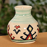 Ceramic vase, 'Infinite Heritage' - Handcrafted Classic Patterned Green and Ivory Ceramic Vase