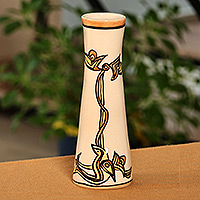 Jarrón de cerámica, 'Yellow Enchant' - Jarrón clásico de cerámica de color amarillo brillante y marfil con temática de pájaros