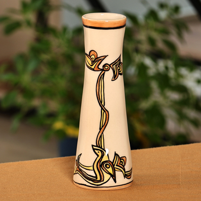 Jarrón de ceramica - Jarrón clásico de cerámica de color amarillo brillante y marfil con temática de pájaros