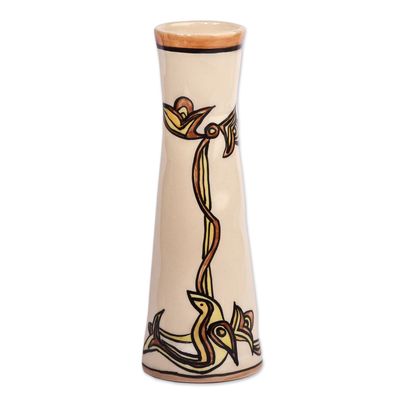 Ceramic vase, 'Yellow Enchant' - Classic Bird-Themed Glossy Yellow and Ivory Ceramic Vase