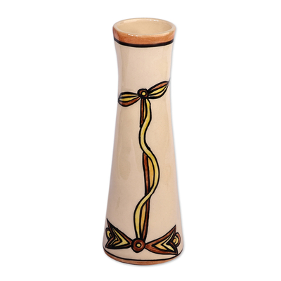 Jarrón de ceramica - Jarrón clásico de cerámica de color amarillo brillante y marfil con temática de pájaros