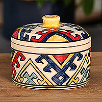 Caja de joyería de cerámica, 'Legacy of Glamour' - Caja de joyería de cerámica redonda con estampado tradicional hecha a mano