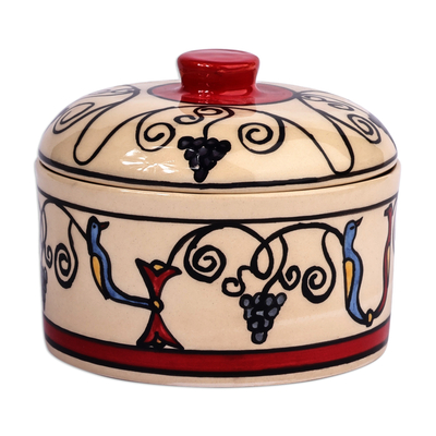 Ceramic jewelry box, 'Nature's Allure' - Handcrafted Nature-Themed Round Ceramic Jewelry Box