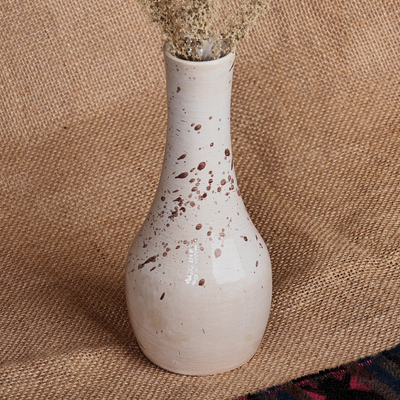Ceramic vase, 'White Elegance' - Hand-Painted Glazed Splatter Ceramic Vase in White and Brown