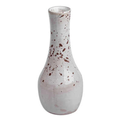 Ceramic vase, 'White Elegance' - Hand-Painted Glazed Splatter Ceramic Vase in White and Brown