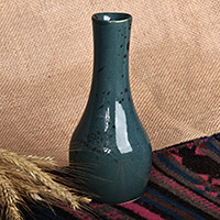Jarrón de cerámica, 'Tranquil Teal' - Jarrón de cerámica esmaltado pintado a mano en verde azulado y marrón
