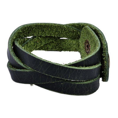Leather strand bracelet, 'Braided Glam' - Braided Style Leather Strand Wristband Bracelet in Green