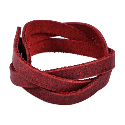 Leather strand bracelet, 'Braided Zest' - Braided Style Leather Strand Wristband Bracelet in Burgundy