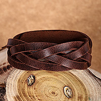 Leather strand bracelet, 'Braided Delight' - Braided Style Leather Strand Wristband Bracelet in Brown