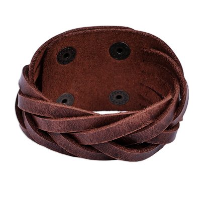 Leather strand bracelet, 'Braided Radiance' - Leather Wristband Bracelet with Braided Strands in Brown