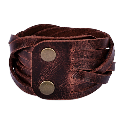 Leather strand bracelet, 'Braided Radiance' - Leather Wristband Bracelet with Braided Strands in Brown
