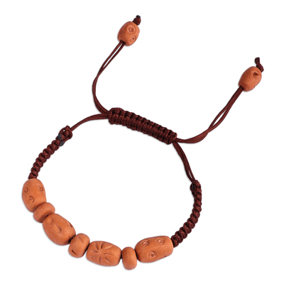 Terracotta beaded macrame pendant bracelet, 'Natural Delight' - Terracotta Beaded Pendant Bracelet with Brown Macrame Cord