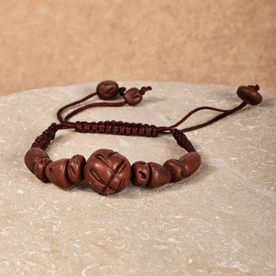 Ceramic beaded macrame pendant bracelet, 'Breathtaking Brown' - Painted Ceramic Beaded Pendant Bracelet with Macrame Cord