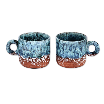 Ceramic cup and saucer, 'Blue Coffee Breeze' (set of 2) - Set of 2 Handmade Blue and Brown Ceramic Cups and Saucers