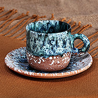 Taza y platillo de cerámica, 'Blue Coffee Breeze' - Taza y platillo de cerámica azul y marrón hechos a mano