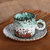 Ceramic cup and saucer, 'Aqua Coffee Breeze' - Handcrafted Aqua and Brown Ceramic Cup and Saucer