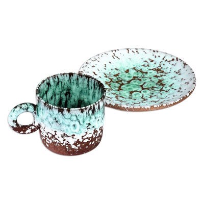 Ceramic cup and saucer, 'Aqua Coffee Breeze' - Handcrafted Aqua and Brown Ceramic Cup and Saucer