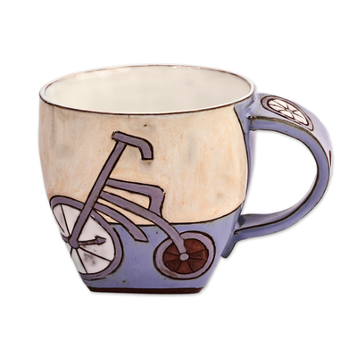 Ceramic mug, 'Serene Memories' - Handcrafted Whimsical Blue and Beige Ceramic Mug