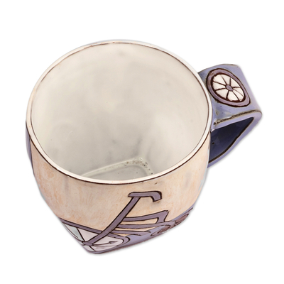 Ceramic mug, 'Serene Memories' - Handcrafted Whimsical Blue and Beige Ceramic Mug