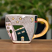 Ceramic mug, 'Starry Urbanism' - Cityscape-Themed Whimsical Green and Grey Ceramic Mug