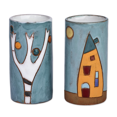 Ceramic shot glasses, 'Urban Elixir' (set of 2) - Set of 2 Painted Naïf Urbanscape-Themed Ceramic Shot Glasses