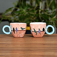 Ceramic mugs, 'Singing Birds' (pair) - Hand-Painted Bird-Themed Blue and Brown Ceramic Mugs (Pair)