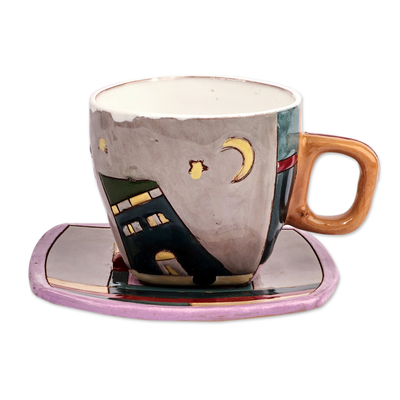 Ceramic cup and saucer, 'Starry Urbanism' - Cityscape Whimsical Grey and Purple Ceramic Cup and Saucer